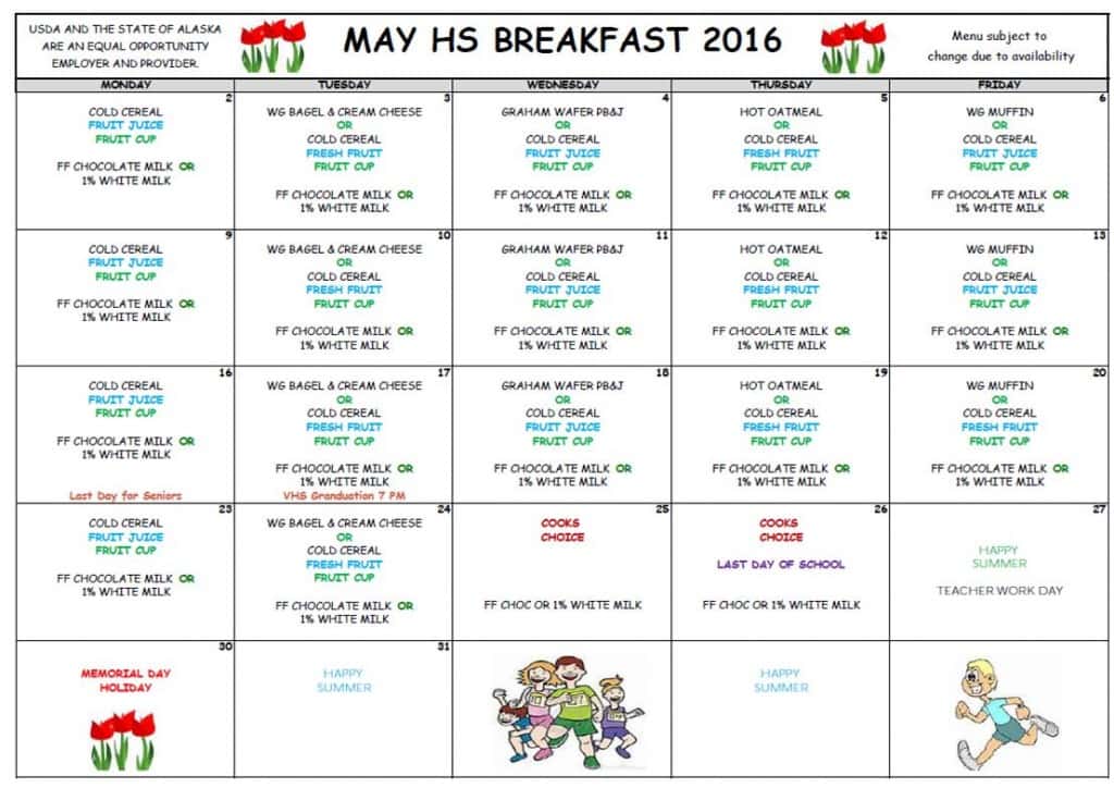 VHS May Lunch Menu '16