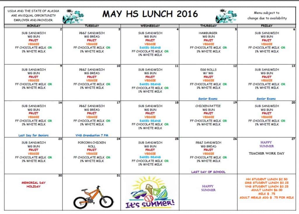 VHS May Lunch Menu '16