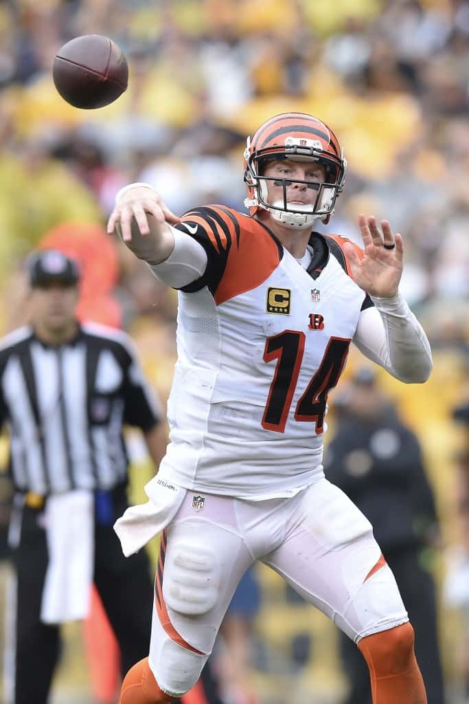 Cincinnati Bengals quarterback Andy Dalton (14) throws during the second quarter of an NFL football game against the Pittsburgh Steelers on Sunday, Sept. 18, 2016, in Pittsburgh. Pittsburgh won 24-16.(AP Photo/Don Wright)