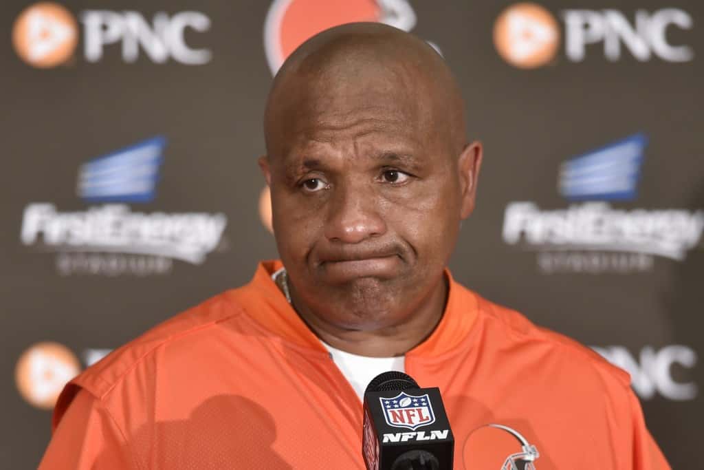 Cleveland Browns head coach Hue Jackson speaks to the media during a news conference after an NFL football game, Sunday, Sept. 18, 2016, in Cleveland. The Ravens won 25-20. (AP Photo/David Richard)