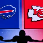 Buffalo Bills vs Kansas City Chiefs. . Silhouette of professional american football player. Logo of NFL club in background