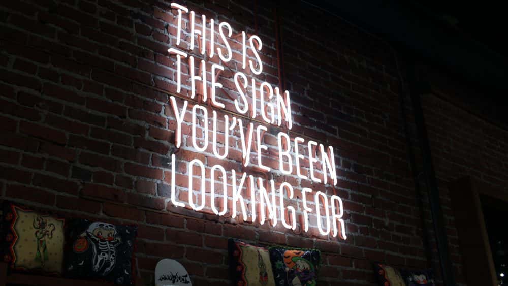 Neon sign on a brick wall: "This is the sign you've been looking for."