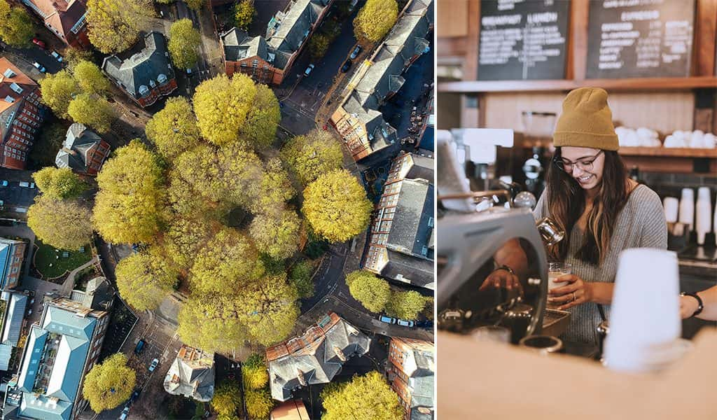 An aerial view of a neighborhood plus a woman pouring coffee at a local shop