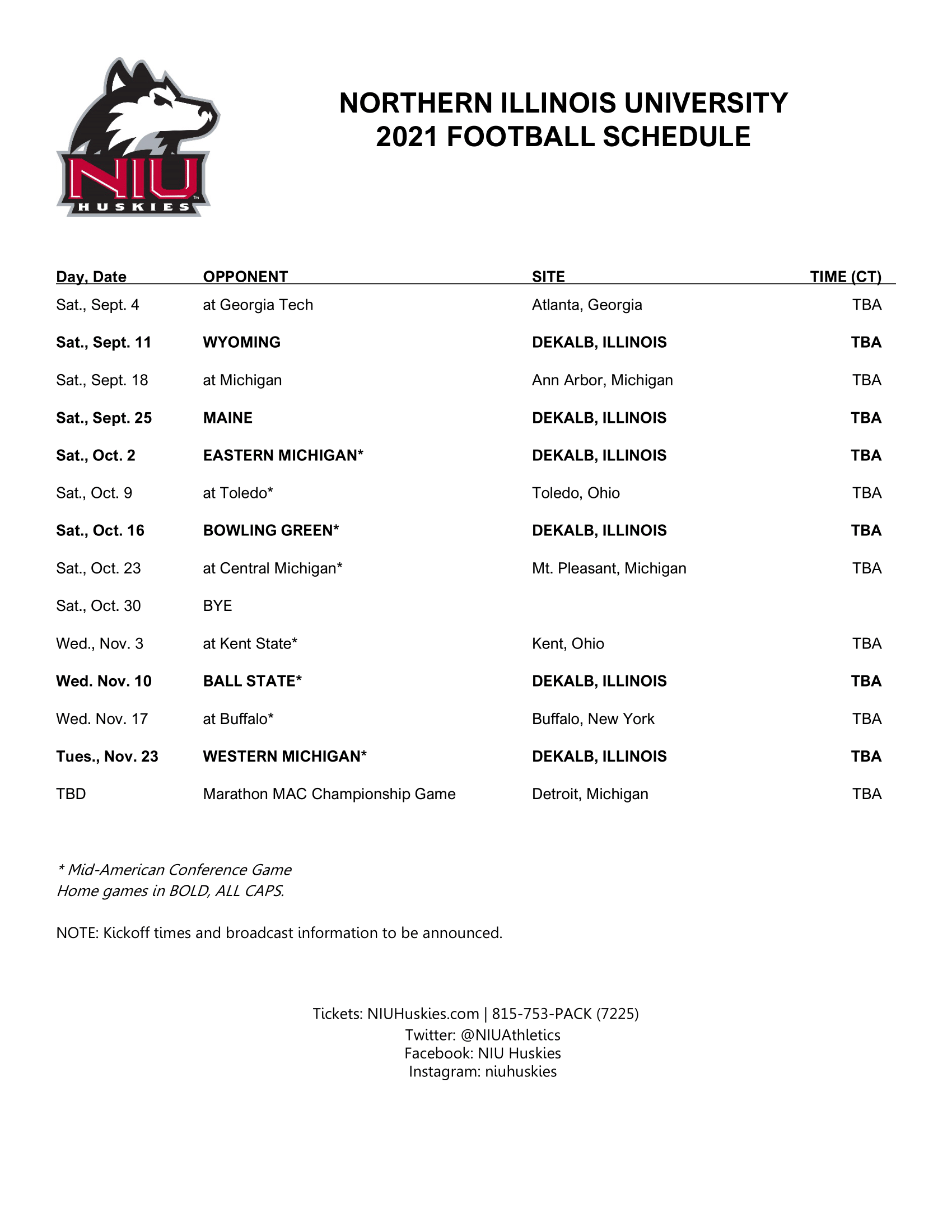 Complete 2023 NIU Football Schedule Announced - NIU Athletics