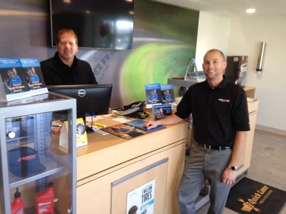 L to R Quick Lane Tire & Auto Center manager Jeff Schlittenhardt and Regional Retail Operations Specialist Matt Gross. Schlittenhardt says Service Writer Mike Miklas will also work in the new Quick Lane Tire & Auto Center.