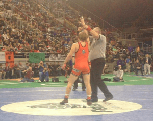 Oakes senior Erik Loepp is declared the winner of the 138 pound weight class at the State Class B Meet at the FargoDome Saturday. The Championship marked Loepp's 5th State Championship. Photo Courtesy of Oakes Wrestling Twitter Feed.