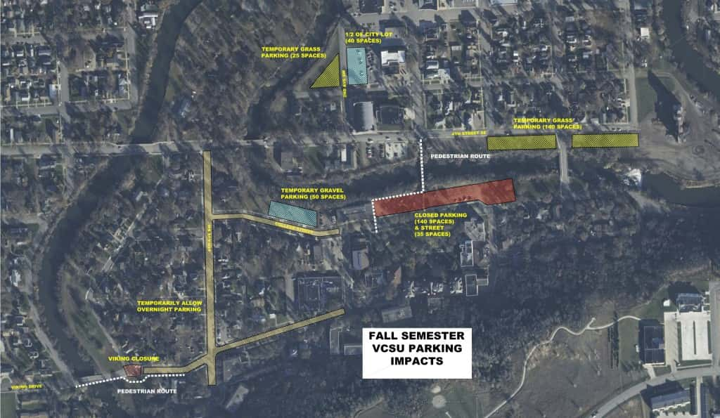 Temporary parking changes on VCSU campus. (Click for full size photo.)