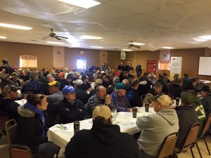 Farmers from Edgeley and LaMoure pack town hall for the meeting. Photos courtesy of Sarah Heinrich KFGO Radio.