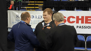 Oakes' Michael Kelly receives congratulations on being named the 2016 Class B Senior Wrestler Of The Year. Photo courtesy of Oakes Wrestling.