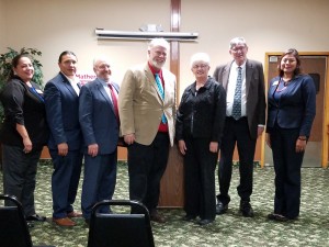 Members of the Democratic NPL party pose after their conference in Jamestown.