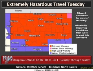 Blizzard conditions for most of Tuesday. Infograph courtesy of the Bismarck National Weather Service.