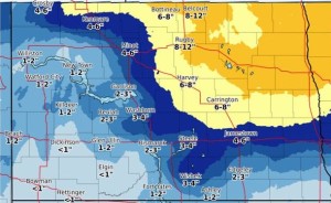 Parts of Central and Eastern North Dakota could see heavier snow along with colder temperatures. Photo courtesy of the Bismarck National Weather Service.