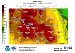 Weather Service reports high wind gusts all day Monday, January 30th.