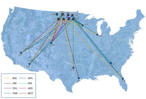 Graph courtesy of the Aeronautics Commission showing the different routes by airlines from North Dakota in 2016.