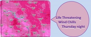 Bismarck National Weather Service infograph showing life threatening wind chills expected for the state Thursday, January 12th, 2017.