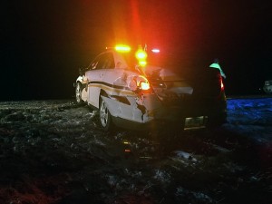 North Dakota Highway Patrol squad car hit in March 2017. Photo: NDHP