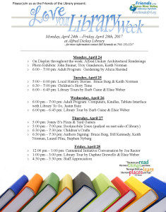 Love Your Library Week Schedule. All events are free. Click for the larger image.