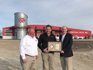 L to R: Rick Sparks, AGCO Corp. account manager, Jeff Romsdal, Central Sales, Inc. owner and general manager and Mike Long, AGCO Corp. sales director, central region. Photo by Farm and Ranch Guide.