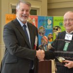 Hankel-NDSU: Wayne Hankel (right) is inducted into the North Dakota 4-H Hall of Fame. Also pictured is Lyndon Anderson, a North Dakota 4-H Foundation board member. (NDSU photo)