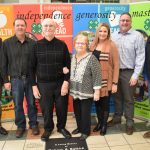 Klusmann-NDSU: The Klusmann family receives recognition for the late Erwin Klusmann, who was inducted into the North Dakota 4-H Hall of Fame. Pictured are, from left: Interim NDSU Extension Director Greg Lardy; Klusmann family members Gregg Klusmann, Marvin Klusmann, Sandy Klusmann Shively, Kristin Klusmann Cummings and Joel Cummings; and Andy Staloch, North Dakota 4-H Foundation chair. (NDSU photo)