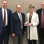 Dacotah Bank Award: L to R; VCSU President Alan LaFave, Dacotah Bank’s Mark Oberlander, Paige Bjornson and Larry Robinson, VCSU executive director of advancement.