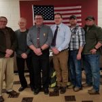 Valley City Firefighters: L to R; Ron Burchill 40 yrs, Gary Peterson 40 yrs, Scott Magnuson 35 yrs, Jeff Schlittenhardt 35 yrs , Ryan Metcalf 10 yrs, Kelly Everson 5 yrs, Pastor Dave Montecullo 5 yrs, and not pictured is Will Blunck II 5 yrs of service.