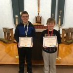 Geography Bee Winners: L to R; Matthew Holm- 6th grade and Brody Wendel- 4th grade.