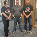 Anniversary: L to R; Station manager Erin Tombarge, station engineer Jake Bechtold and Tim Ost who has worked as a manager and annoucer for 30 years.