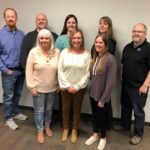 Recognition: Front row: L to R; Karen Askerooth, Vanessa Kocka and Kyla Fetsch. The three were recognized by the school board for helping Jefferson school while the counselor was on maternity leave. Back row: L to R; school board members Darren Anderson, Ryan Mathias, Natalie Wintch, Sherri Horsager and Phil Hatcher.