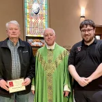 O: L to R; Richard O'Brien, Fr. Paul Duchschere, and school principal Nick Lee.