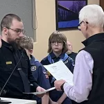 Knight Swearing In Ceremony: L to R; Sgt. Knight and Mayor Dave Carlsrud