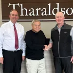 Tharaldson Donation: L to R; Shannon Schweigert, VCSU President Alan LaFave, Gary Tharaldson, Dick Gulmon, and Larry Robinson.