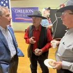 Kelly Armstrong Visit: L to R; Kelly Armstrong listens to the concerns of Barnes County residents Barry Borg and John (Jack) Ertelt