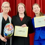 Valley City Students: (L-R) VCHS ELA Instructor Kristi Shanenko, Champion Leah Hochhalter, and Finalist Ada Gilbertson.