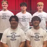 2025 ND Boys State Officials: Front row (L to R): Governor Braden Li, Fargo; State Treasurer Levi Bowman, Jamestown Back row (L to R): Attorney General Nicolas Sanford, Bismarck; Lieutenant Governor Zuan Park, Fargo; Agriculture Commissioner Dane Hansen, Coleharbor