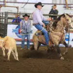 Myles: Tie-down roper Myles Kenzy aboard his horse Hez A Smoothie “Butterball,” the 2025 Badlands Circuit Tie-down Horse of the Year. Photo by Jackie Jensen.