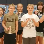 Free Throw Winners: Front Row (left to right): Calvin Lagein (age 9), Charles Elson (age 10), Colt Keller (age 11) and Keegyn Heck (age 12). Back Row (left to right): Brinna Berg (age 10), Lola Lagein (age 11) and Raya Jensen (age 12).