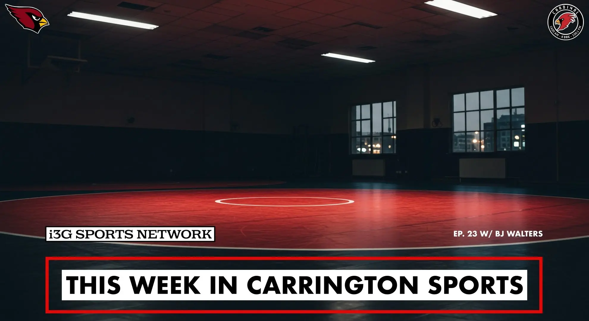 an-empty-wrestling-room-with-a-red-mat-and-windows-showing-a-city-at-night-under-fluorescent-lights