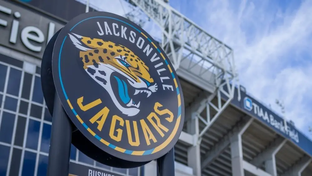 Jacksonville Jaguars NFL logo near football stadium Jacksonville^ Florida - January 28^ 2022