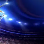 Basketball arena view of basketball hoop in dimmed arena^ crowd in silhouette^ lights turned on brightly