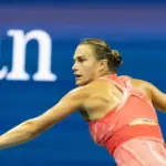 Aryna Sabalenka return ball during final match of women's singles tournament against Coco Gauff of USA at US Open Championships at Billie Jean King Tennis Center in New York on September 9^ 2023
