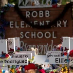 Memorial at Robb elementary school dedicated to the victims of the May shooting in Uvalde^ Texas. Uvalde^ TexasUnited States - June 5^ 2022.