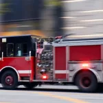 Fast moving fire engine on city street. Firefighters in blurred motion.