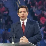 Florida Governor Ron DeSantis speaking at Lynchburg^ Virginia^ on April 14^ 2023.