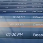 International Airport Terminal: Arrival and Departure Information Display with Flight Data Showing Destination^ Gate^ Time and Status of Flights. Schedule Board of Airplanes For Travelers. Close Up.