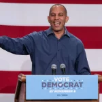 Representative Hakeem Jeffries speaks during election campaign rally for Governor Kathy Hochul at BKLYN Studios in New York on November 5^ 2022.