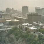 Aerial View of Spokane^ Washington in heavy Wildfire Smoke