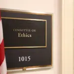 A sign at the entrance to a House Ethics Committee hearing room in Washington^ DC on July 18^ 2017. The House of Representatives is the lower chamber of the US Congress.