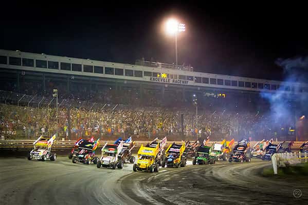 20"x30" Metal Curved or Flat 2013 Knoxville Nationals 4 wide shot with the packed grandstands in the background.  From Studio 92 Photography.