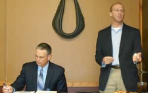 Sen. Jerry Behn (left) and Rep. Chip Baltimore (right) address crowd at Pizza and Politics